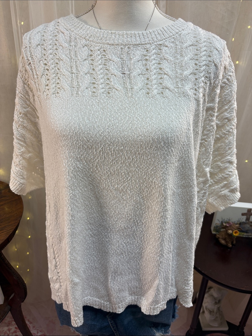 Time and Tru White Short-Sleeve Knit Sweater Top